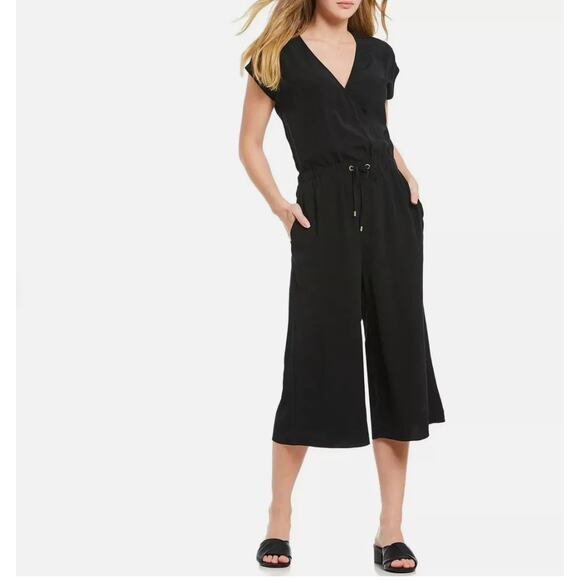 Eileen Fisher Black Drawstring Crepe Cropped Wide Leg Jumpsuit Sz Small Casual